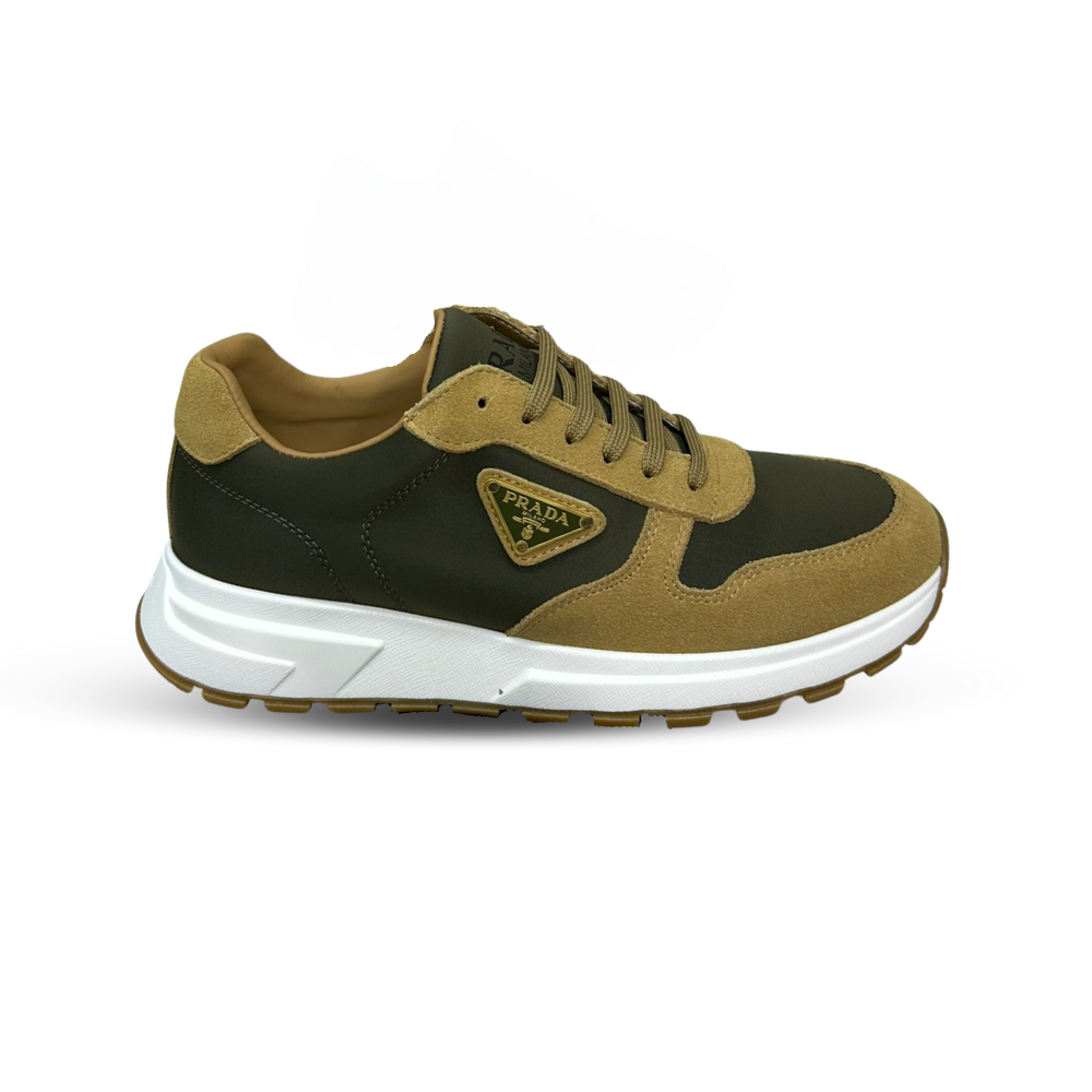 Prada PRAX 01 Sneakers – Re-Nylon & Brushed Leather (Ecru/Military, Style 2EE369_3KUY_F03TK)