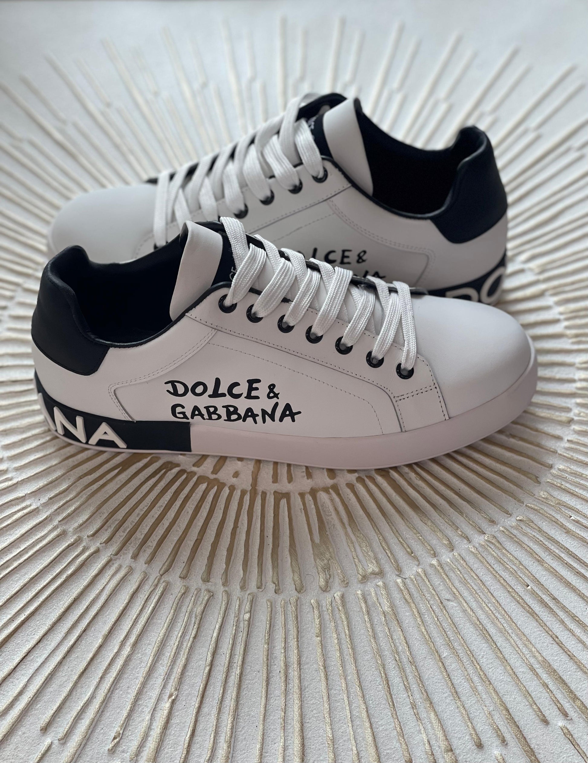 Dolce & Gabbana Portofino Sneakers – White Calfskin with Black Logo Panel (Men’s/Women’s)