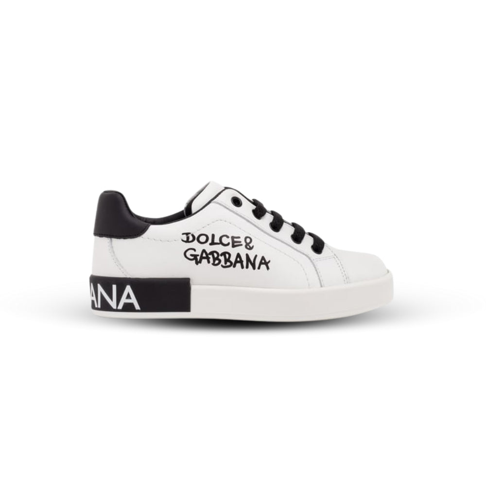 Dolce & Gabbana Portofino Sneakers – White Calfskin with Black Logo Panel (Men’s/Women’s)