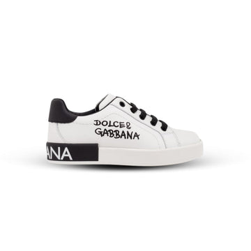 Dolce & Gabbana Portofino Sneakers – White Calfskin with Black Logo Panel (Men’s/Women’s)