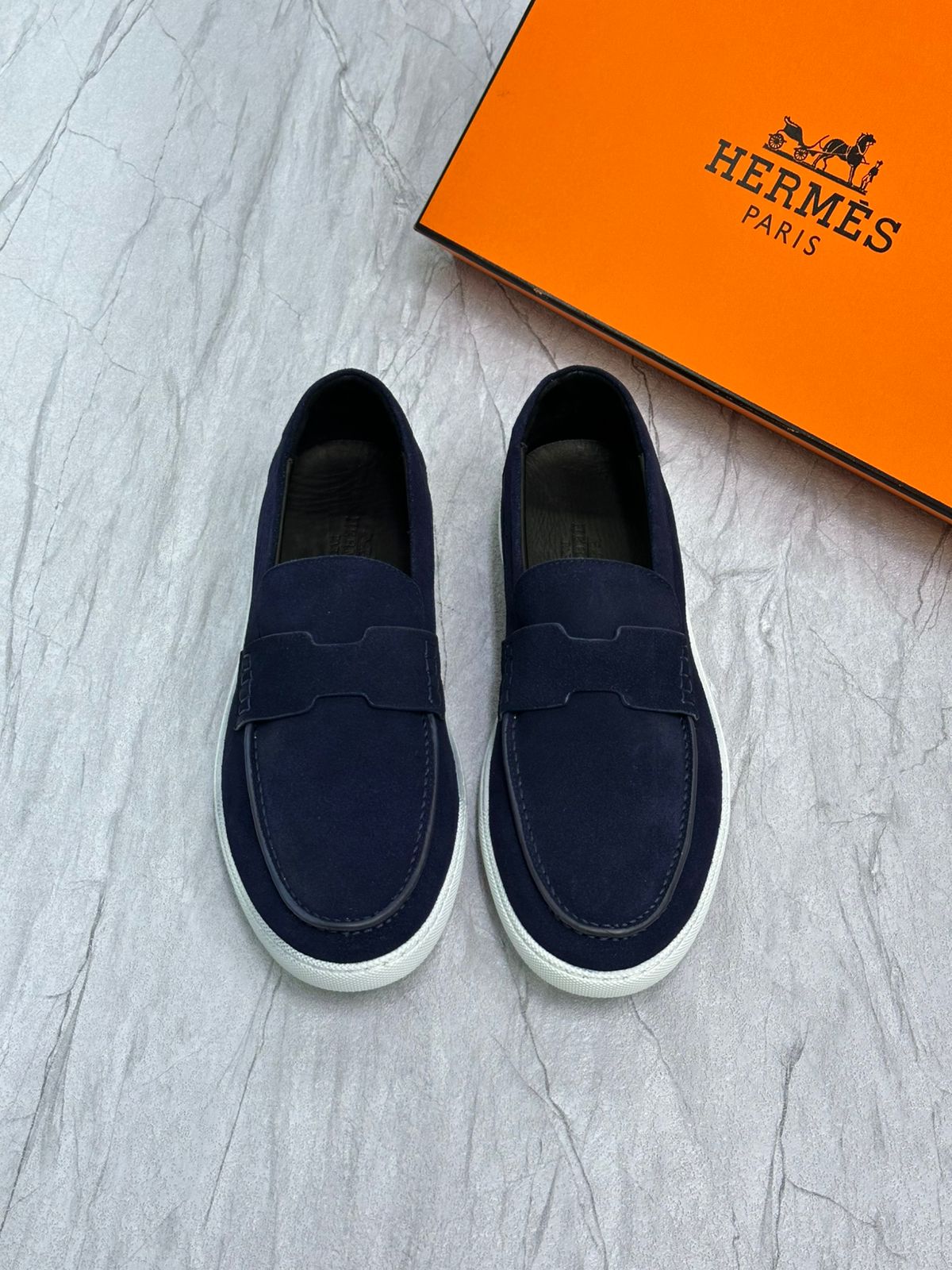 Hermès Job Loafer in Blue Suede Goatskin – Casual Urban Luxury with H Cut-Out Detail