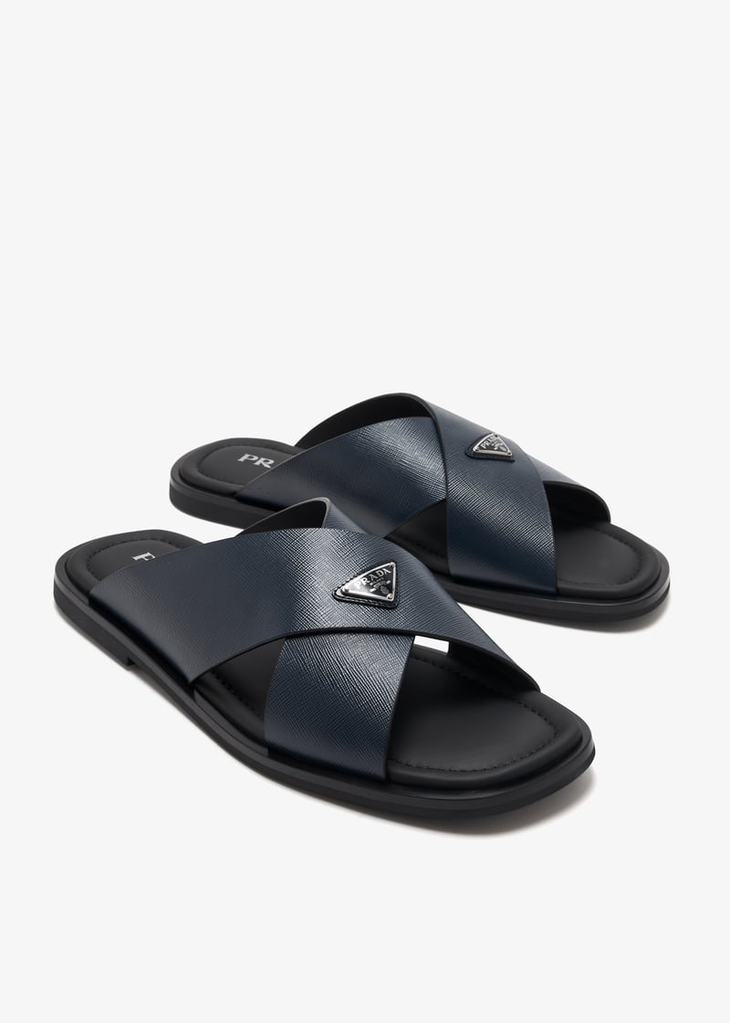 Prada suede crisscross slides baltic blue