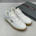 Prada Downtown Sneakers – White & Taupe Calf Leather (Neutral)