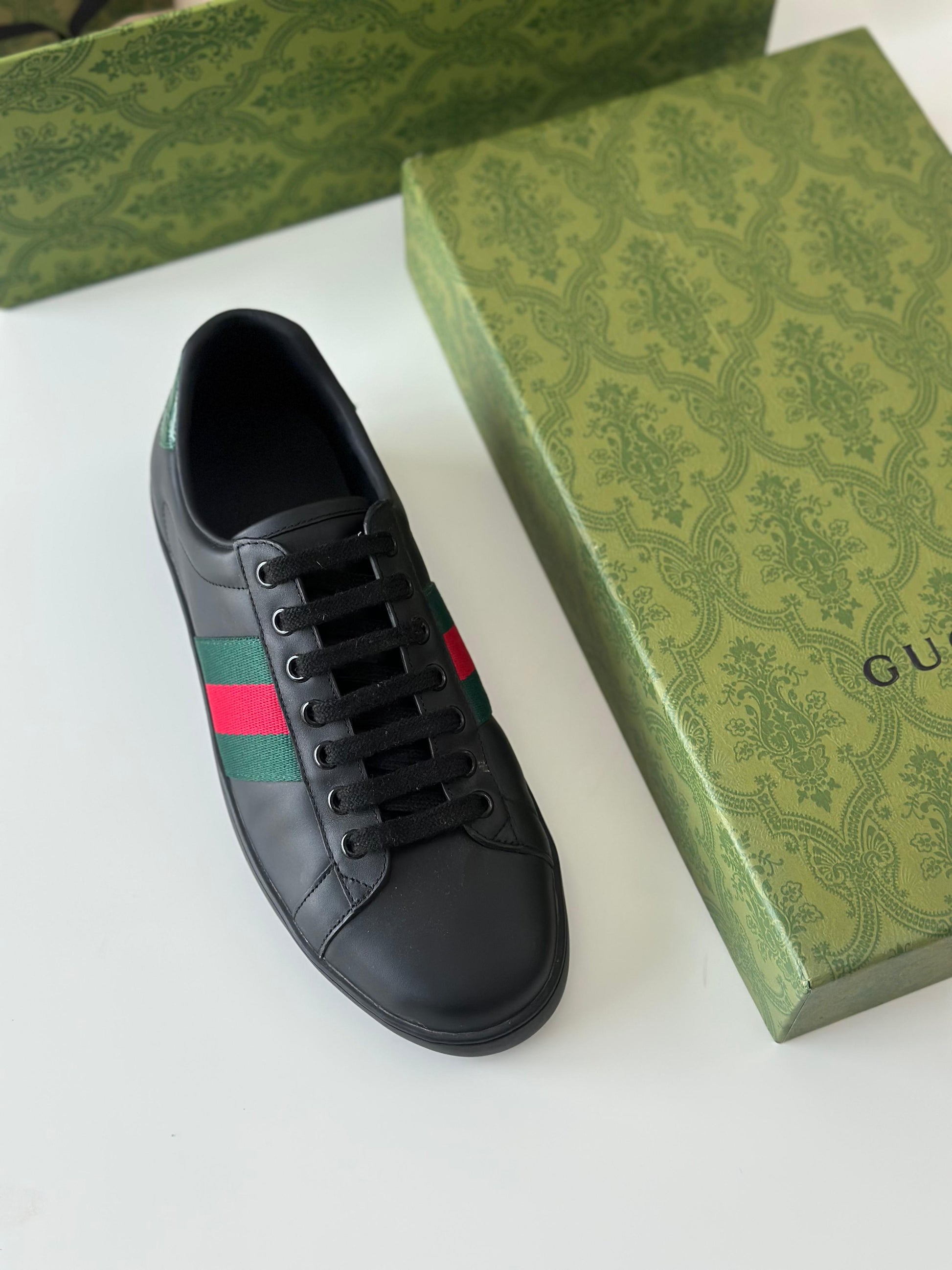 Gucci Black Leather Ace Web Low-Top Sneakers – Size 40 (The Luxury Closet)
