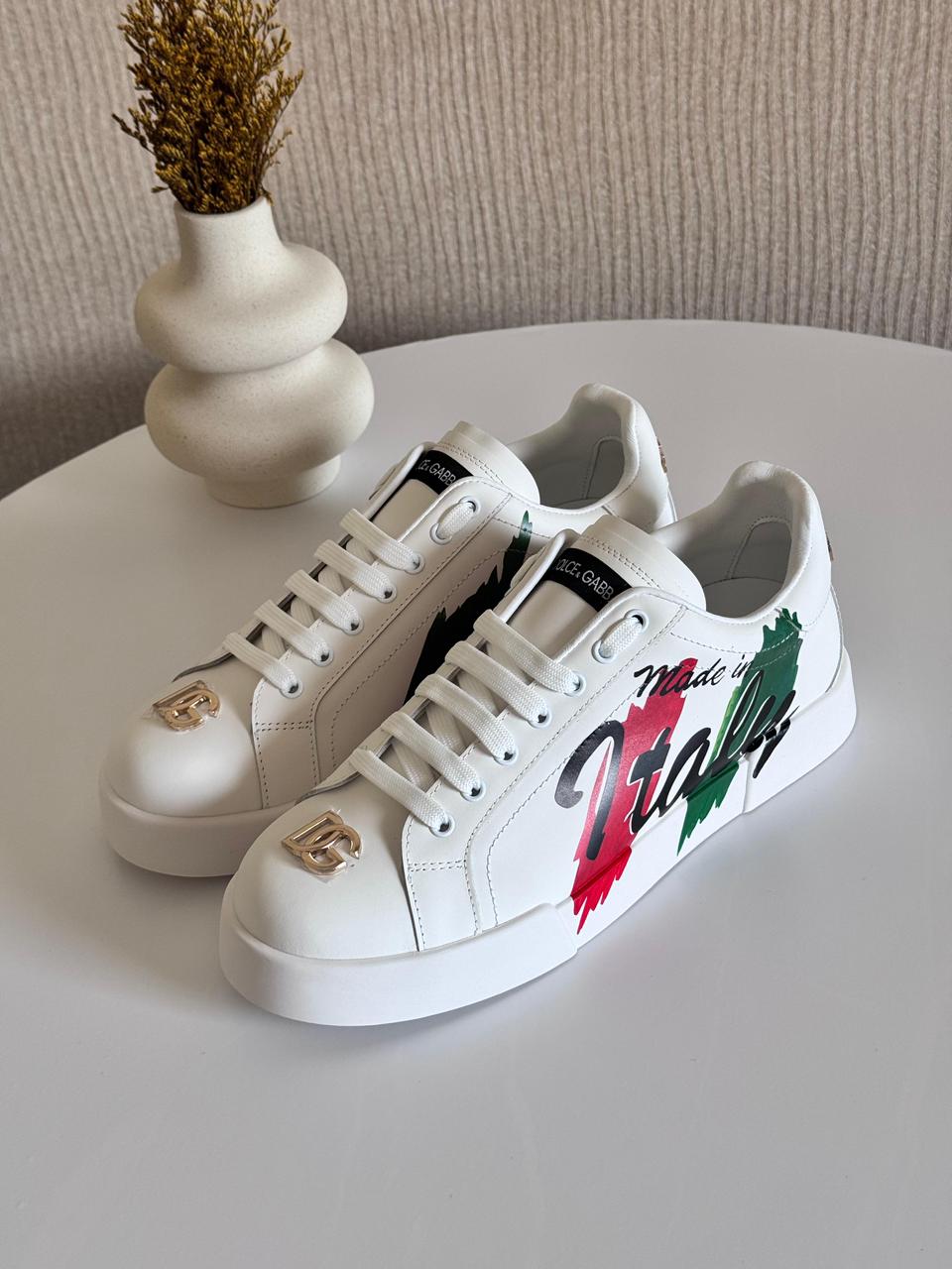 Dolce & Gabbana Portofino Light Sneakers – Multicolor Canvas & Calfskin with “Made in Italy” Print (Men’s)