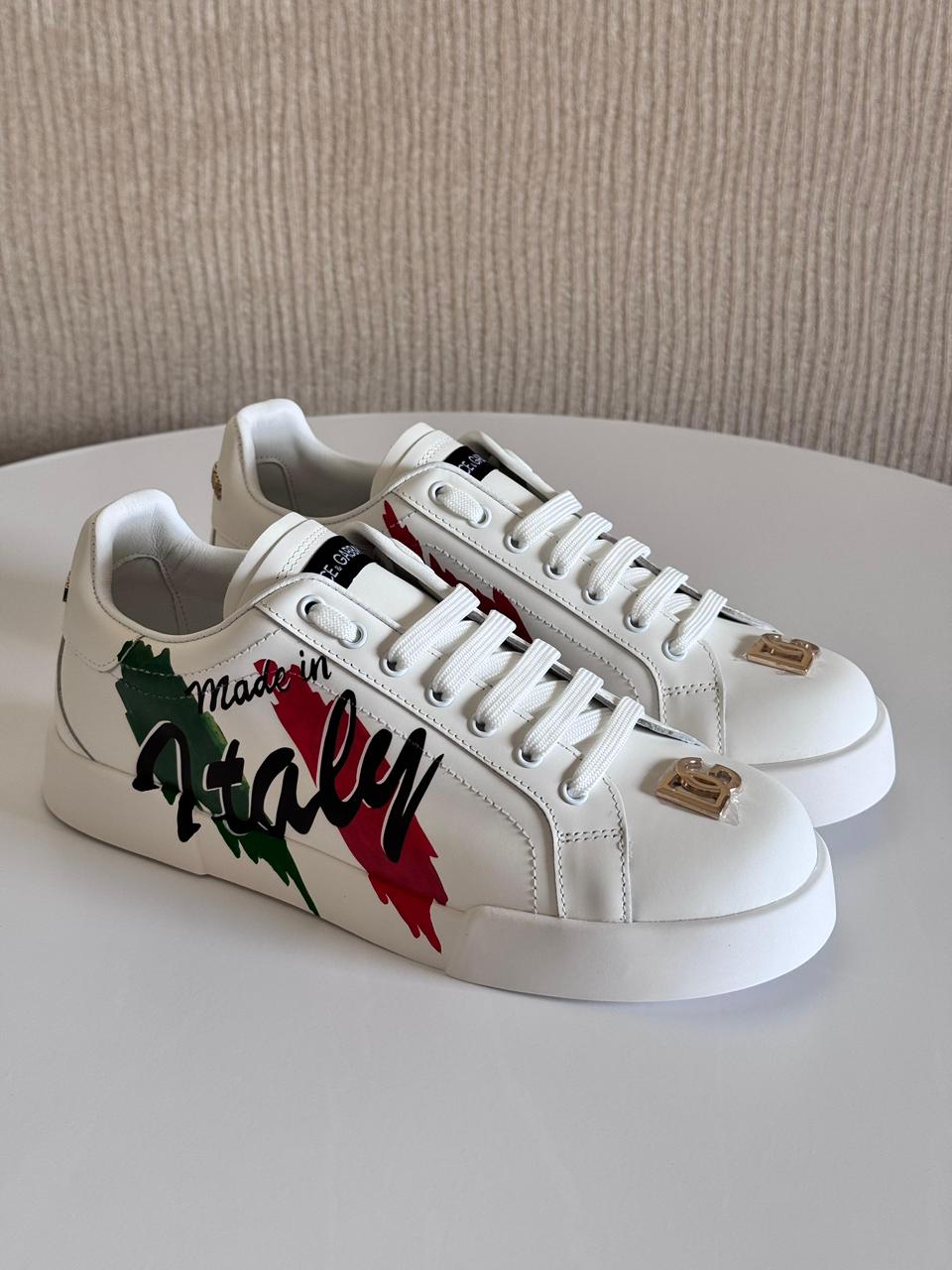 Dolce & Gabbana Portofino Light Sneakers – Multicolor Canvas & Calfskin with “Made in Italy” Print (Men’s)
