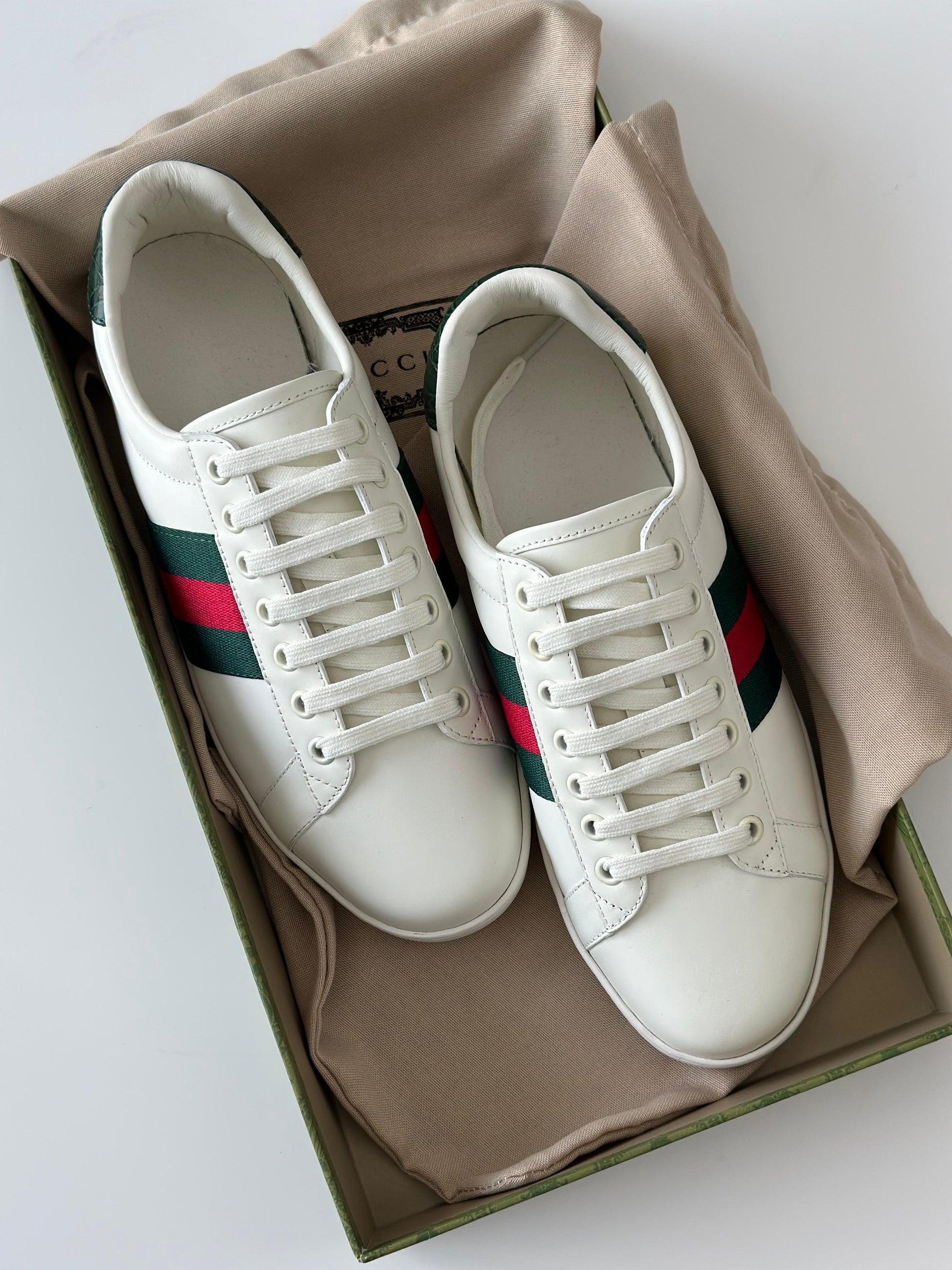 Gucci Ace Leather Low-Top Sneaker – White with Web Stripe (Glam Bags)