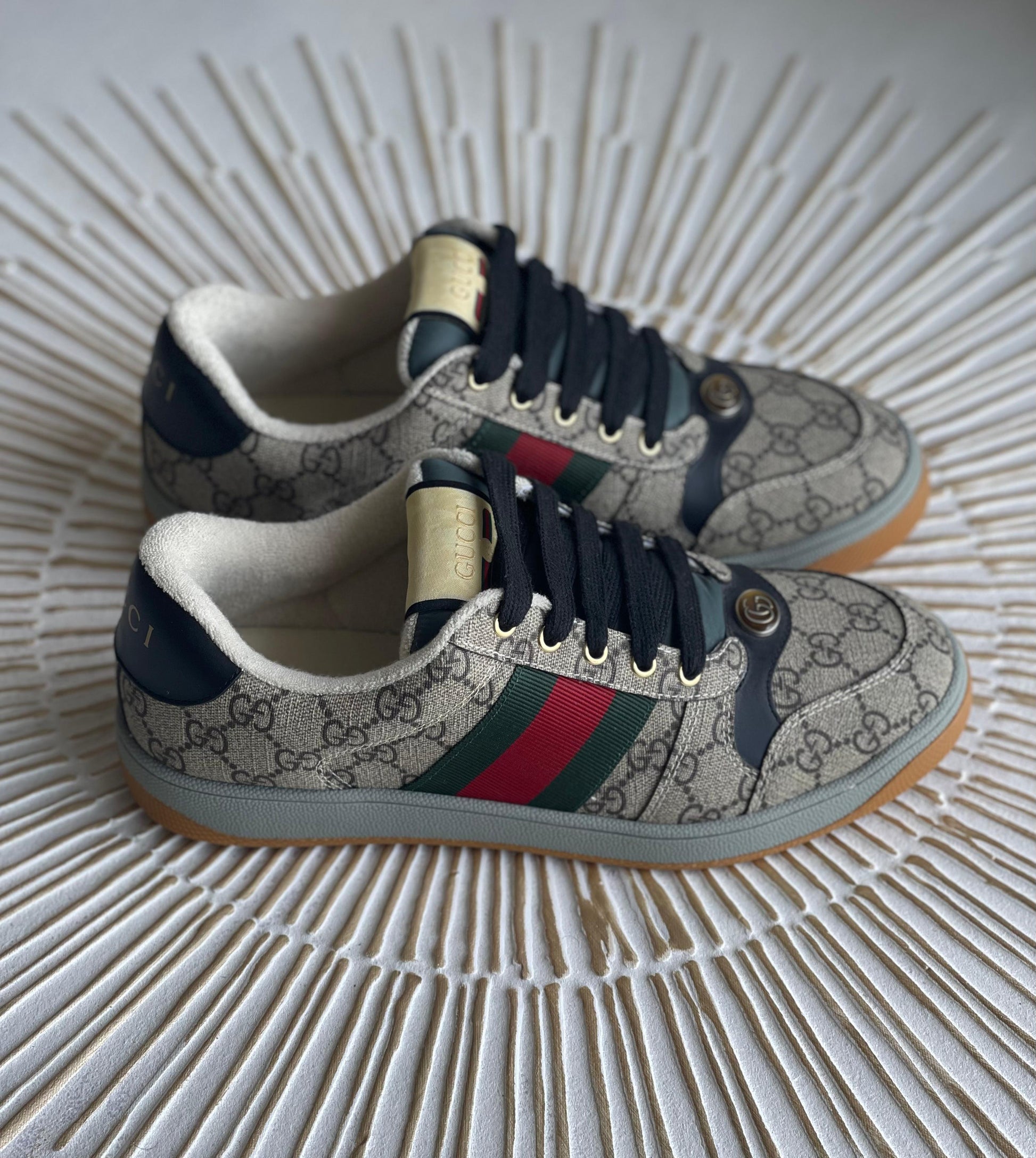 Gucci Pre-Loved Screener GG Canvas & Web Stripe Sneakers – Beige (Level Shoes, UAE)