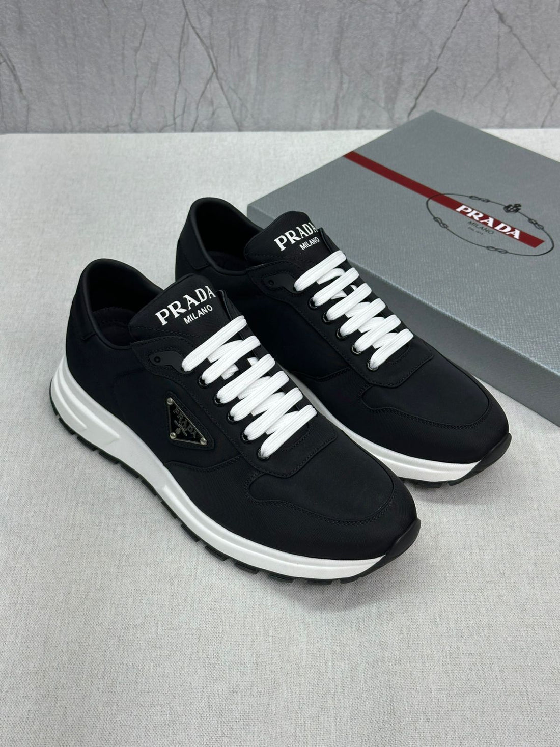 Prada PRAX 01 Nubuck & Re-Nylon Sneakers – Black/White (2EE390 3LBA F0967, Men’s)